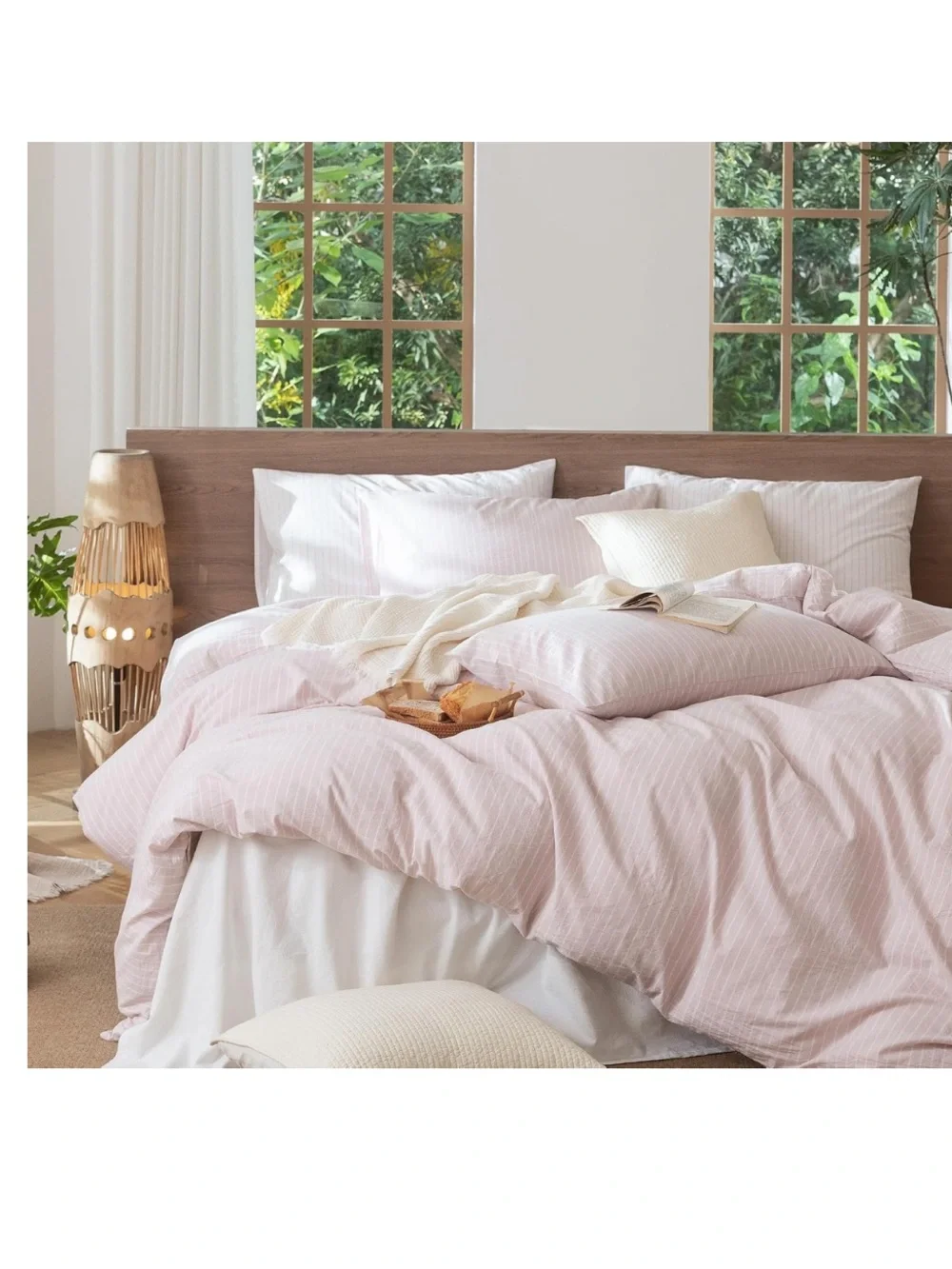 QUEEN Striped Duvet Set 3Pc. 100% Cotton 200 Thread Count GRAYISH PINK & WHITE